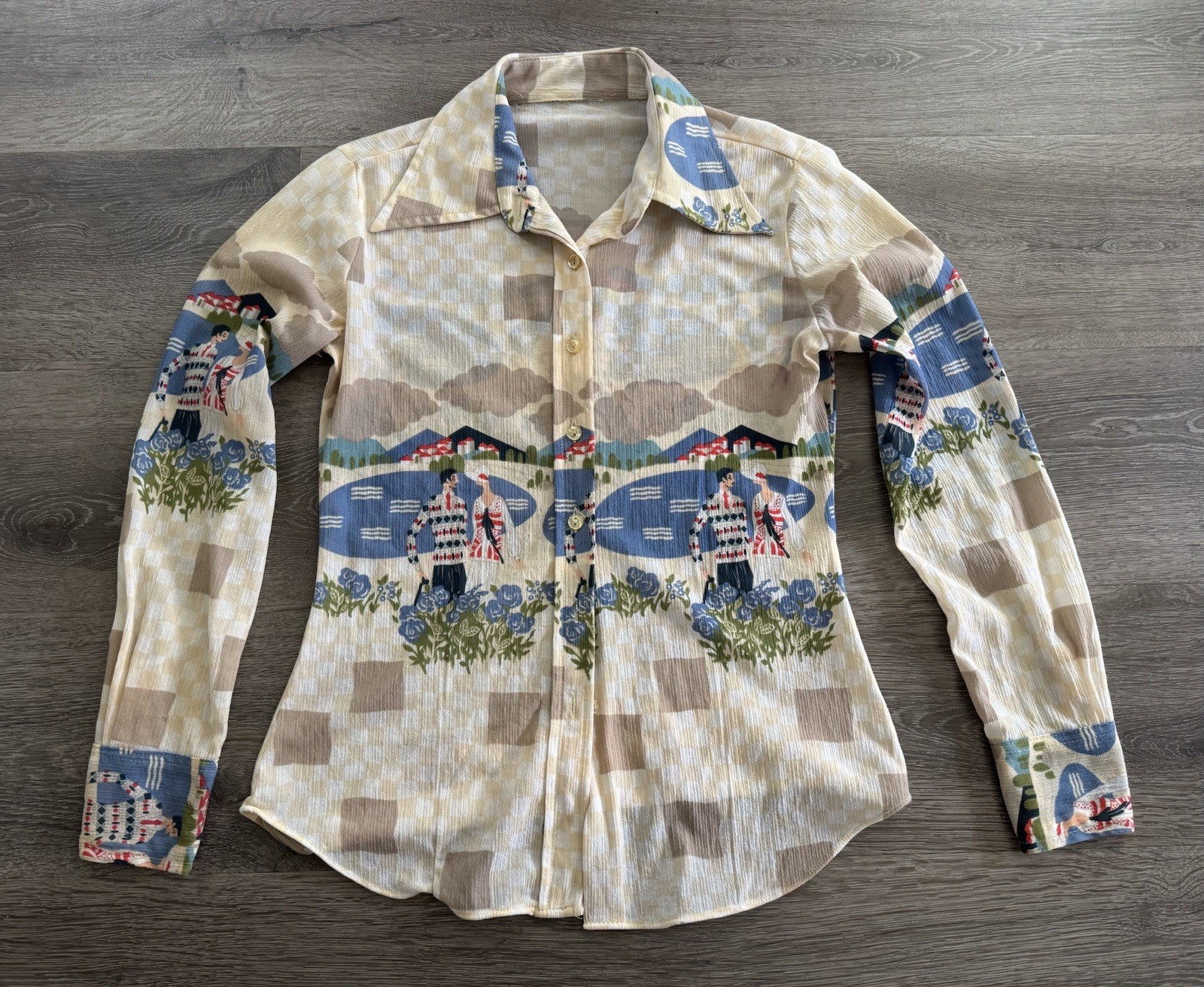 Vtg Novelty Print ART DECO Flapper CLOUDS Beach Abstract PSYCHEDELIC Top S/M 🔥