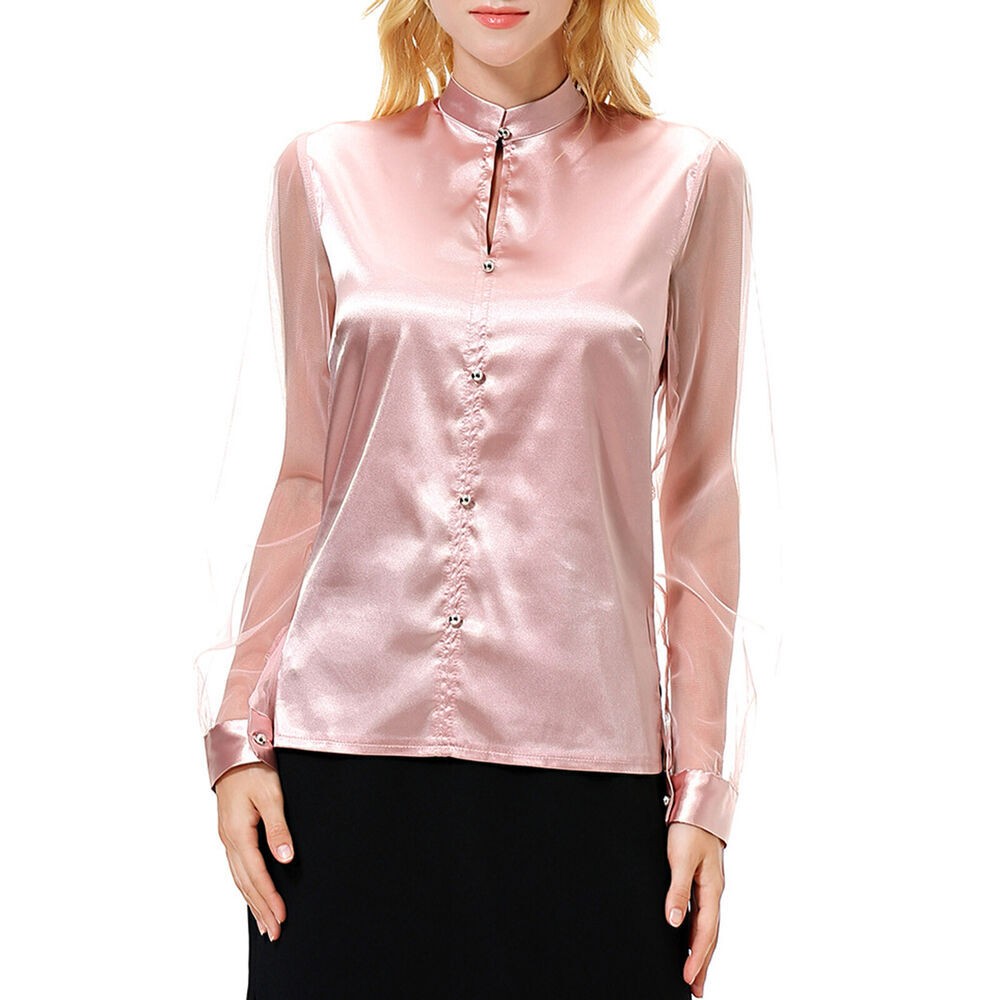 Women Long Mesh Sleeve Shirts Tops Blouse Party Satin Blouse Pure Color Top