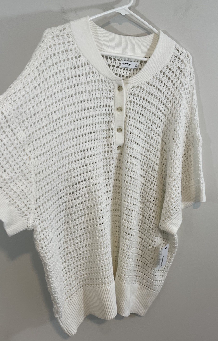 New Sonoma short sleeve sweater womens sz 4X henley Open Crochet knit ivory top