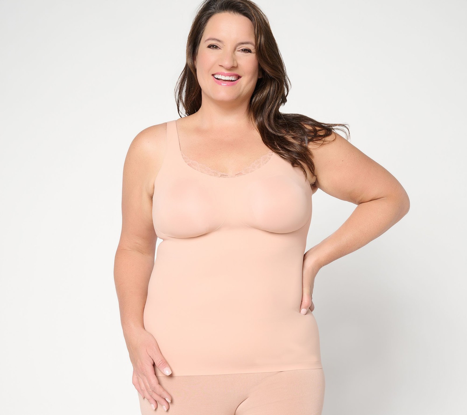 Evelyn & Bobbie Lace Trimmed V-Neck Seamless Bra Cami Himalayan Salt L New