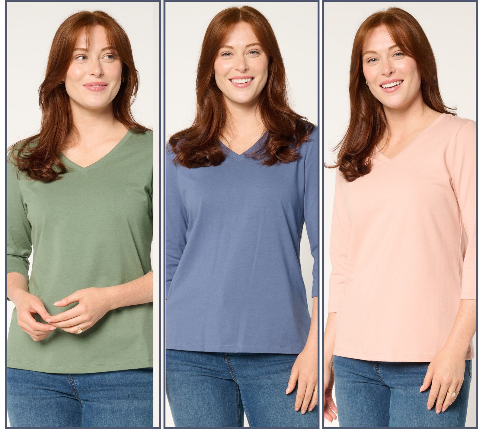Denim & Co. Essentials Perfect Jersey 3-Pack 3/4 Sleeve Tops Ind/MdGn/MistRs 1X