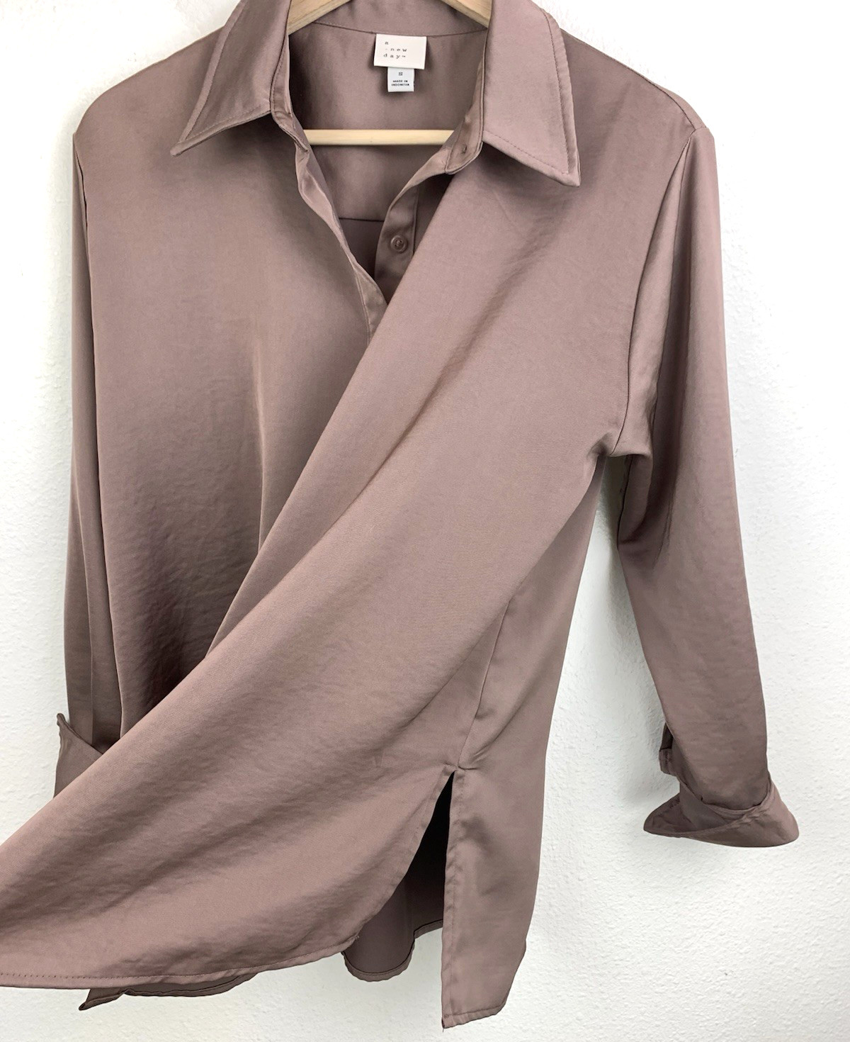 A New Day Brown Button Down Shirt Size Small Satin Tunic Blouse Neutral
