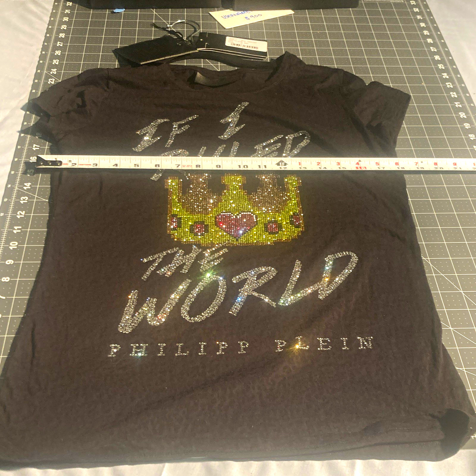 Philipp Plein women L Black Rhinestone Graphic Logo Crew Neck Cotton Tee