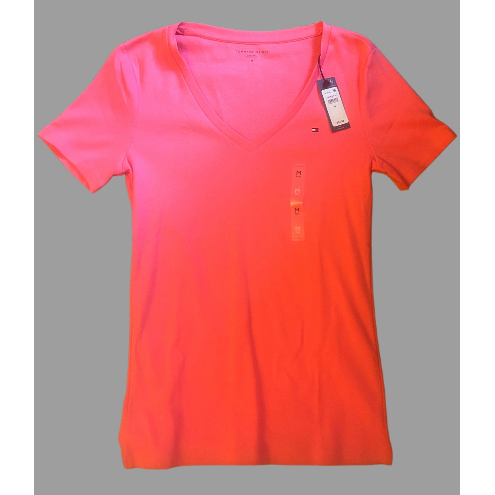 Tommy Hilfiger V-Neck T-Shirt Women Medium Coral Pink New Short Sleeve Logo Tee