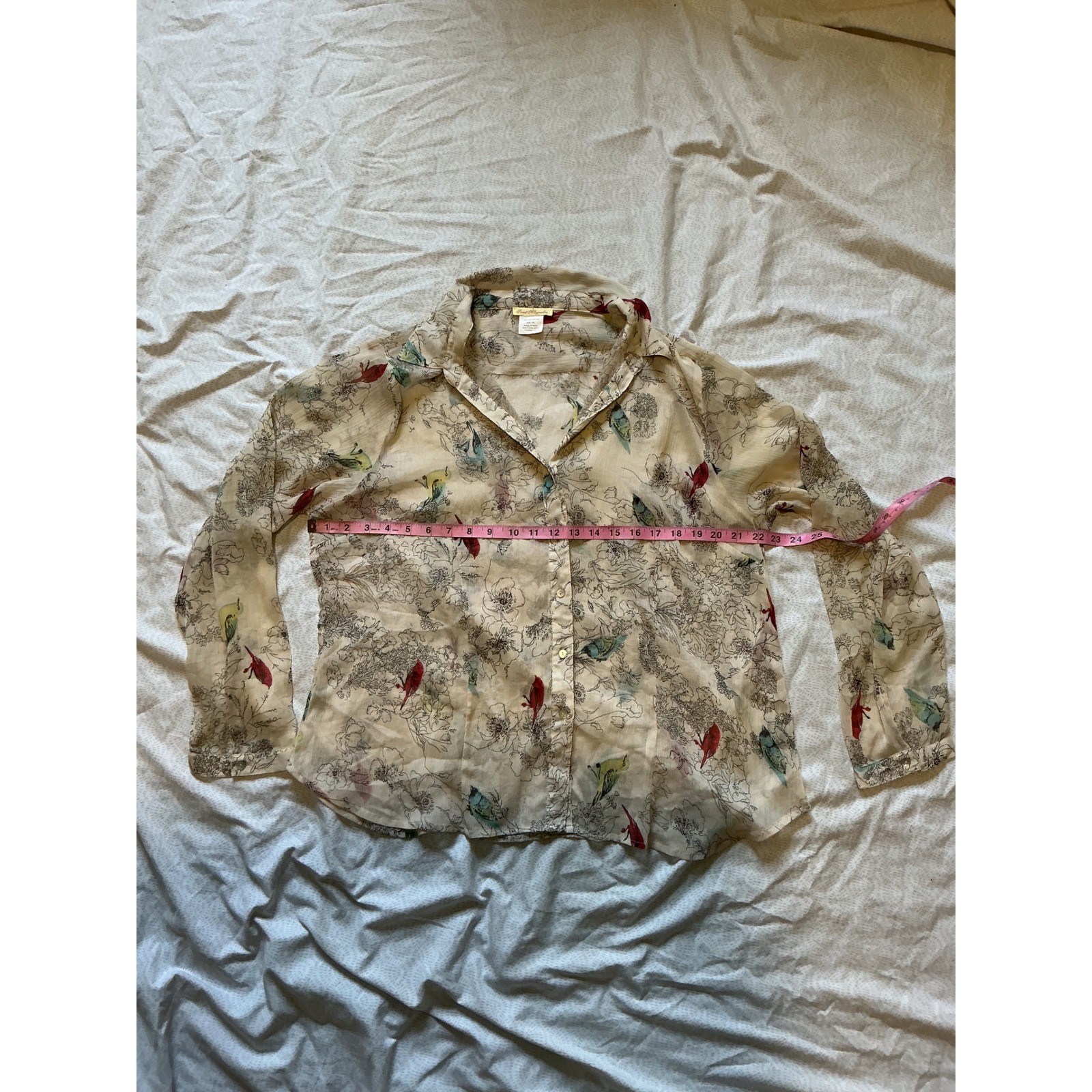 Sweet Magnolia Bird Floral Print Sheer Button Down Blouse Cream XXL