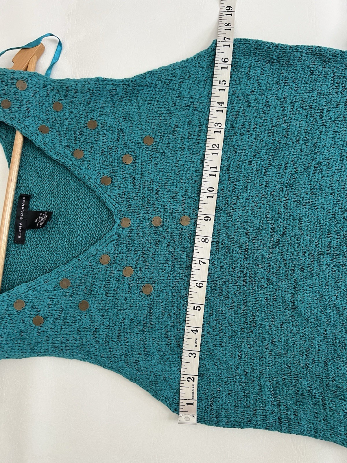 ELENA SOLANO Open Knit Sweater Tunic Top Teal Green Metallic Studs XL (smaller)