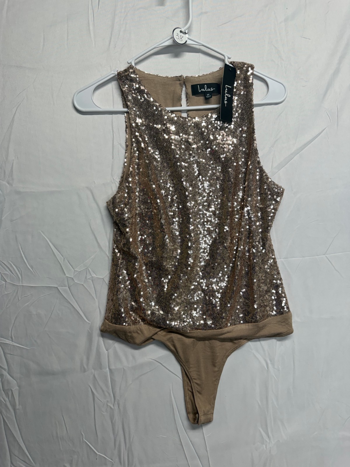 Lulus Sequin Bodysuit Women’s Medium Rose Gold Sparkle Crew Neck Sleeveless NWT