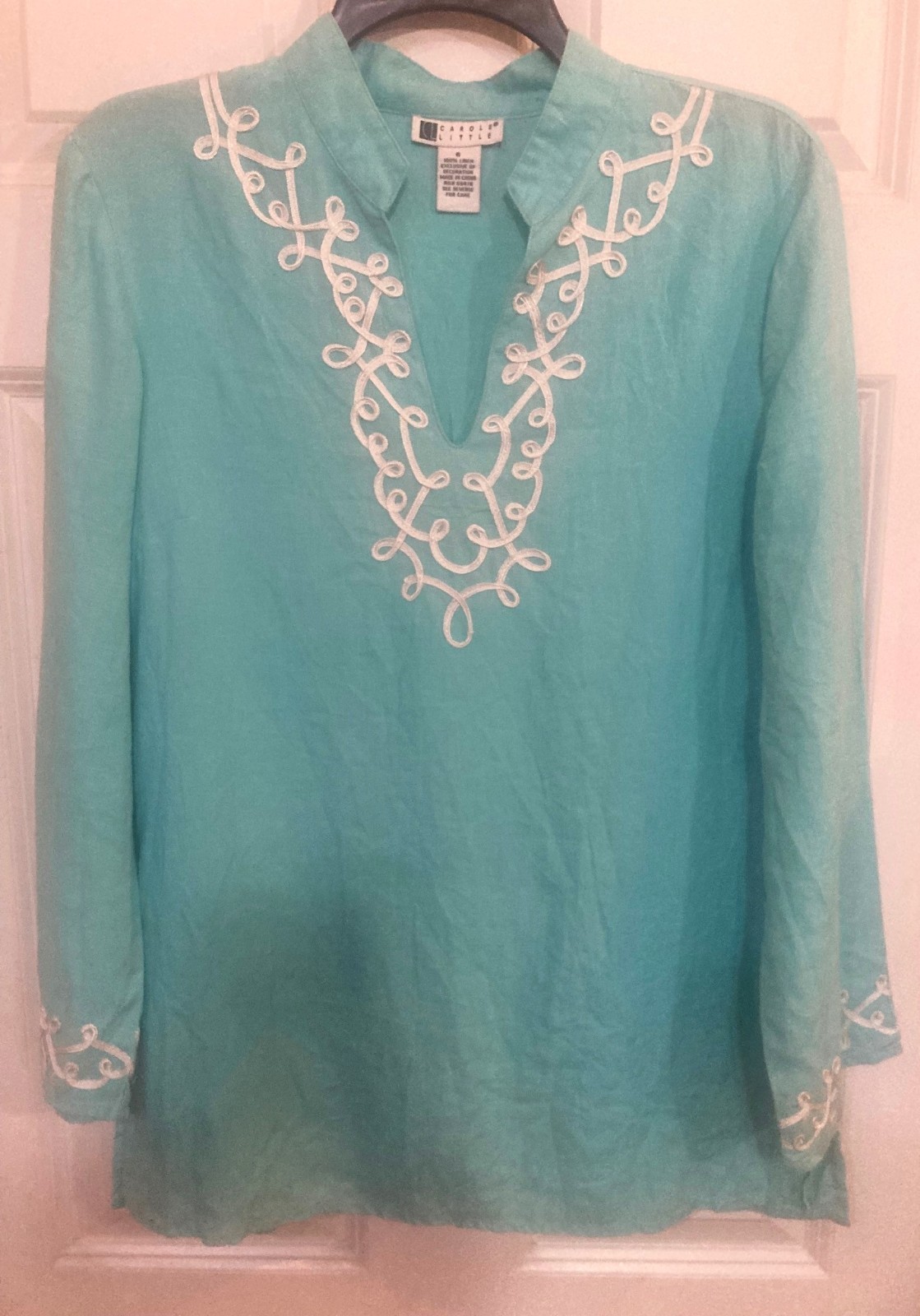 Carole Little 100% Linen Top Blue Embroidered Soutache Neck & Sleeve Size 6