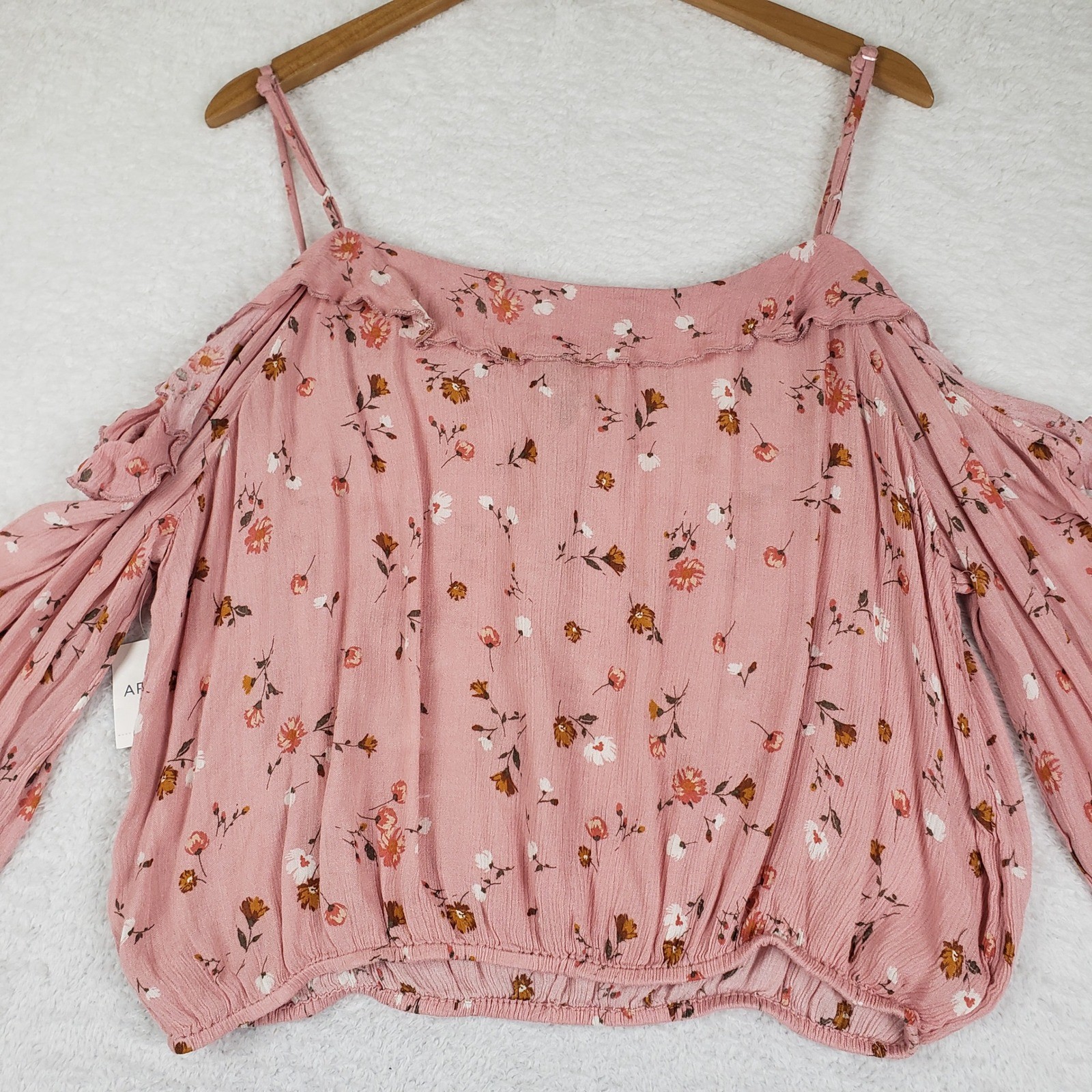 Arizona Jean Co Pink Floral Cold Shoulder Ruffle Tie Front Blouse XL Rayon Top