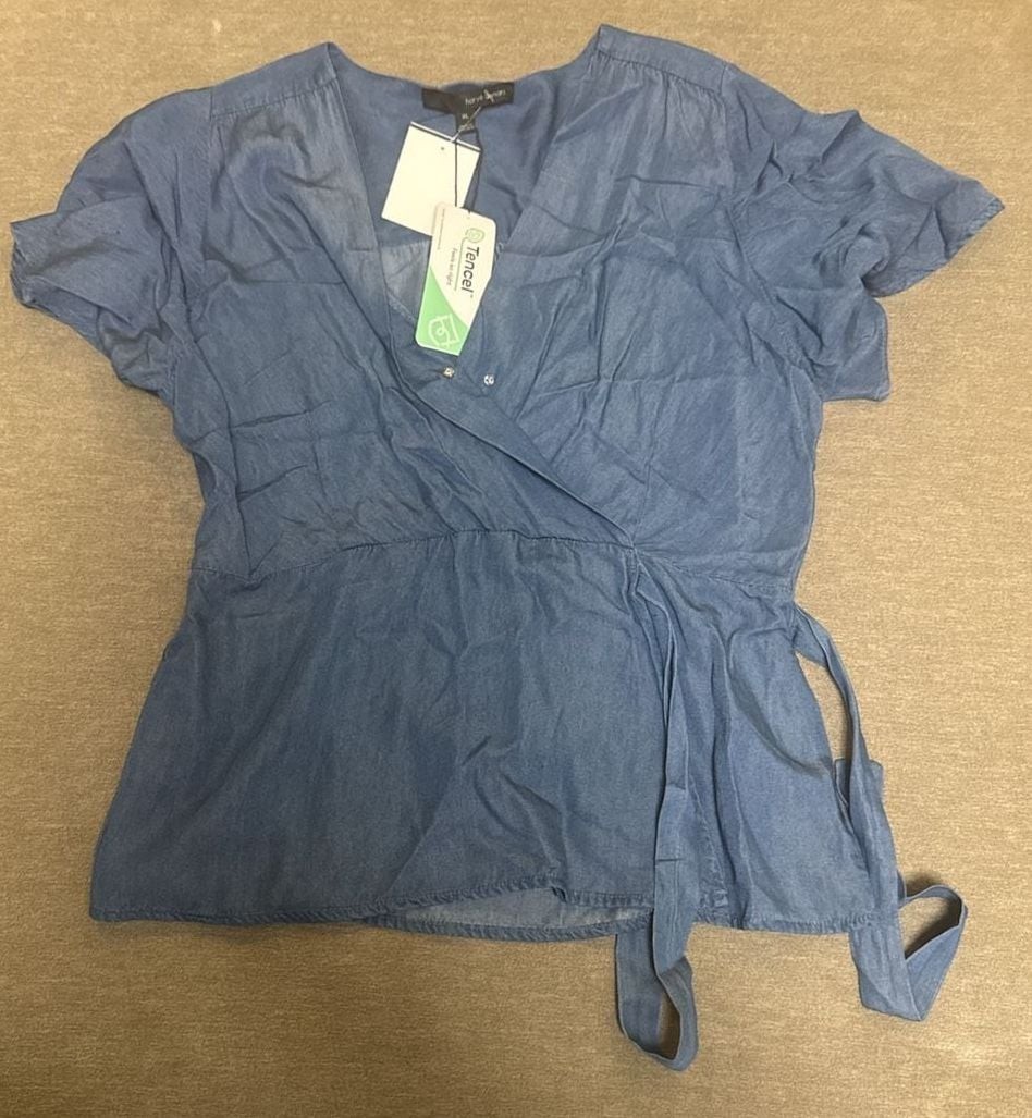 Harvé Benard Tencel Chambray V-Neck Wrap Blouse
