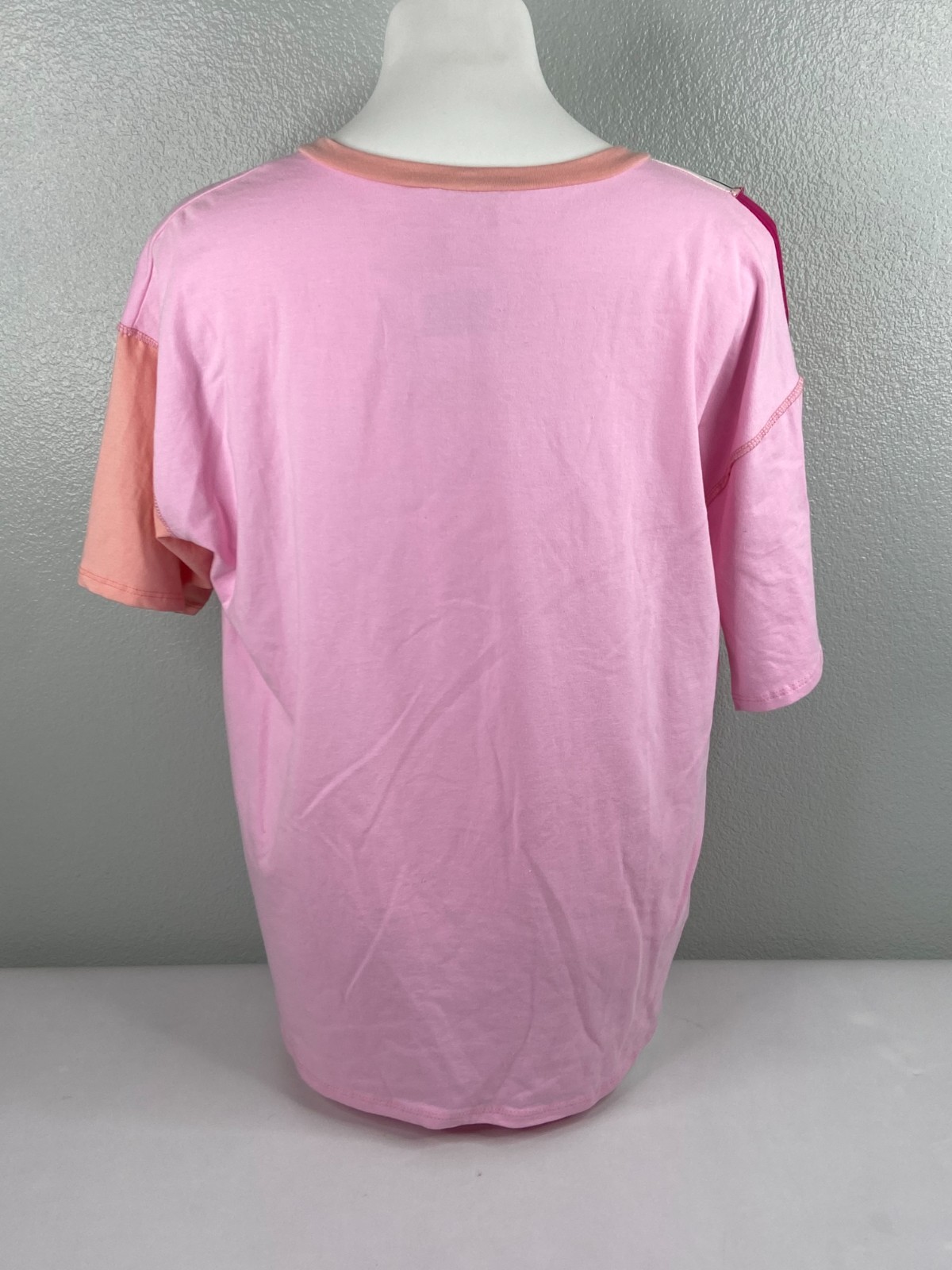 Bibi Women Medium Pullover Blouse Color Block Pink V Neck Button Casual NWT