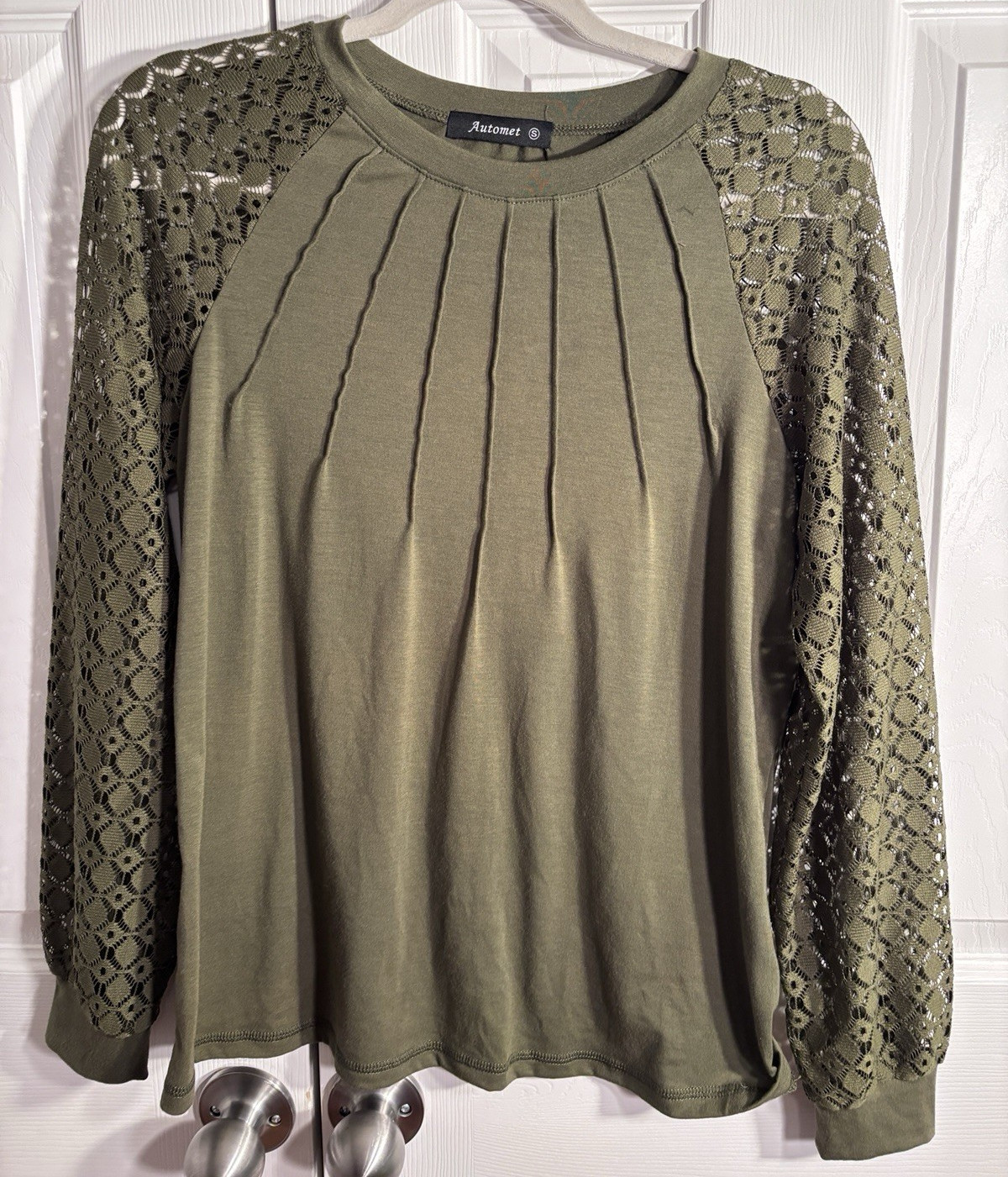 Automet Sage Green Lace Sleeve Top, S, Fall Feminine Coquette ATCP