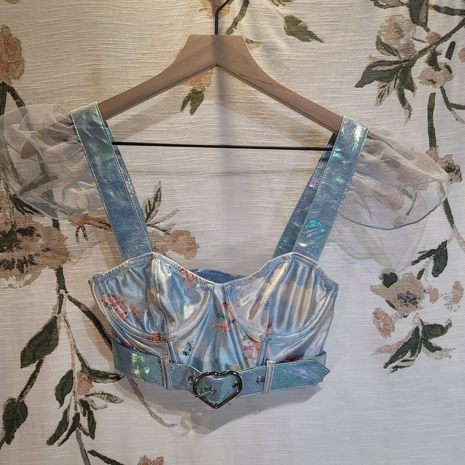 Dolls Kill Cherub Sky Blue Clouds Heaven Bustier w/ Ruffle Sleeves Size XS