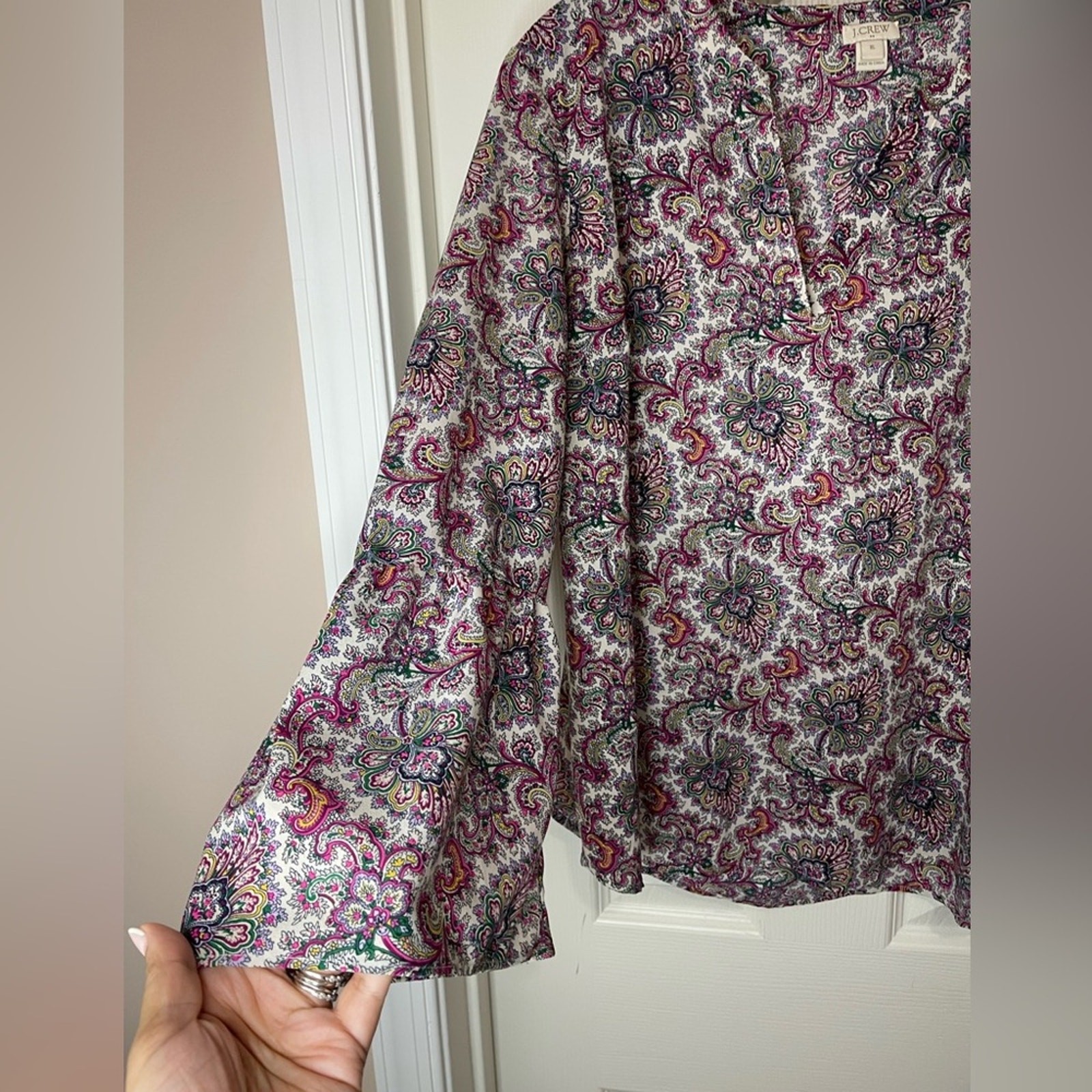 J Crew Purple Pink Colorful Preppy Paisley Boho V neck Bell Sleeve Shirt size XL