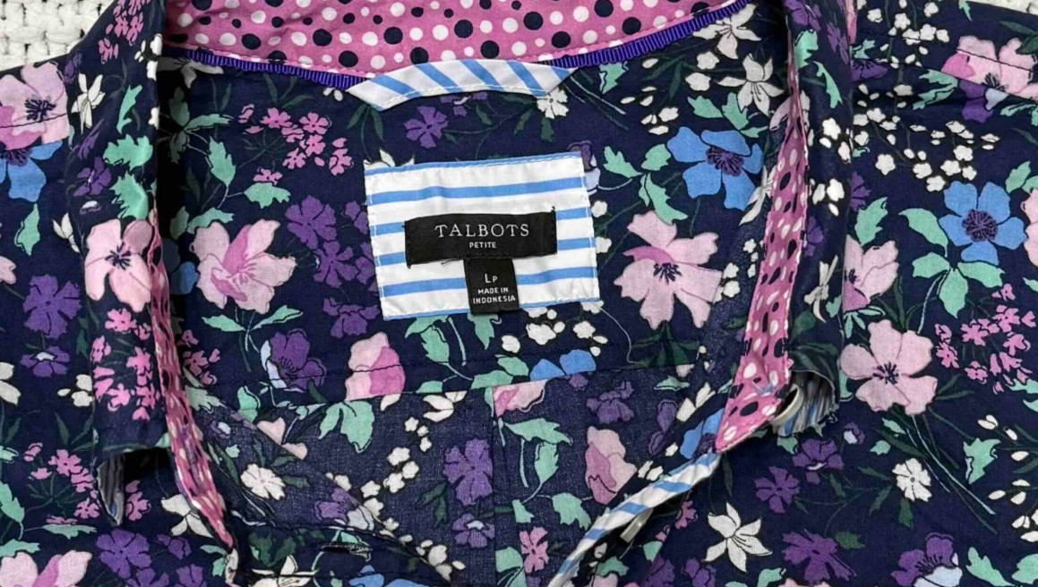 Talbots Blouse Lp Navy with Pink/Purple/Green Floral Long Sleeves Button-Up EUC