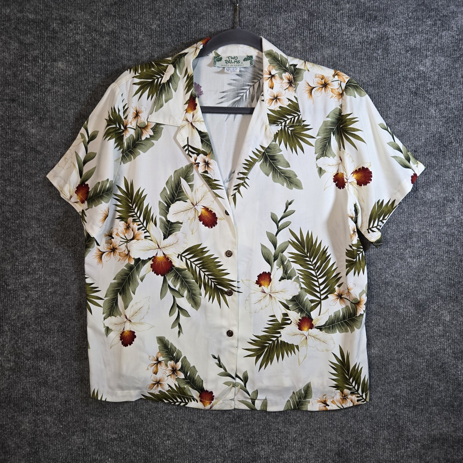 Two Palms Top Womens M Green Tropical Palm Leaf Flowy Vacation Resort Beach