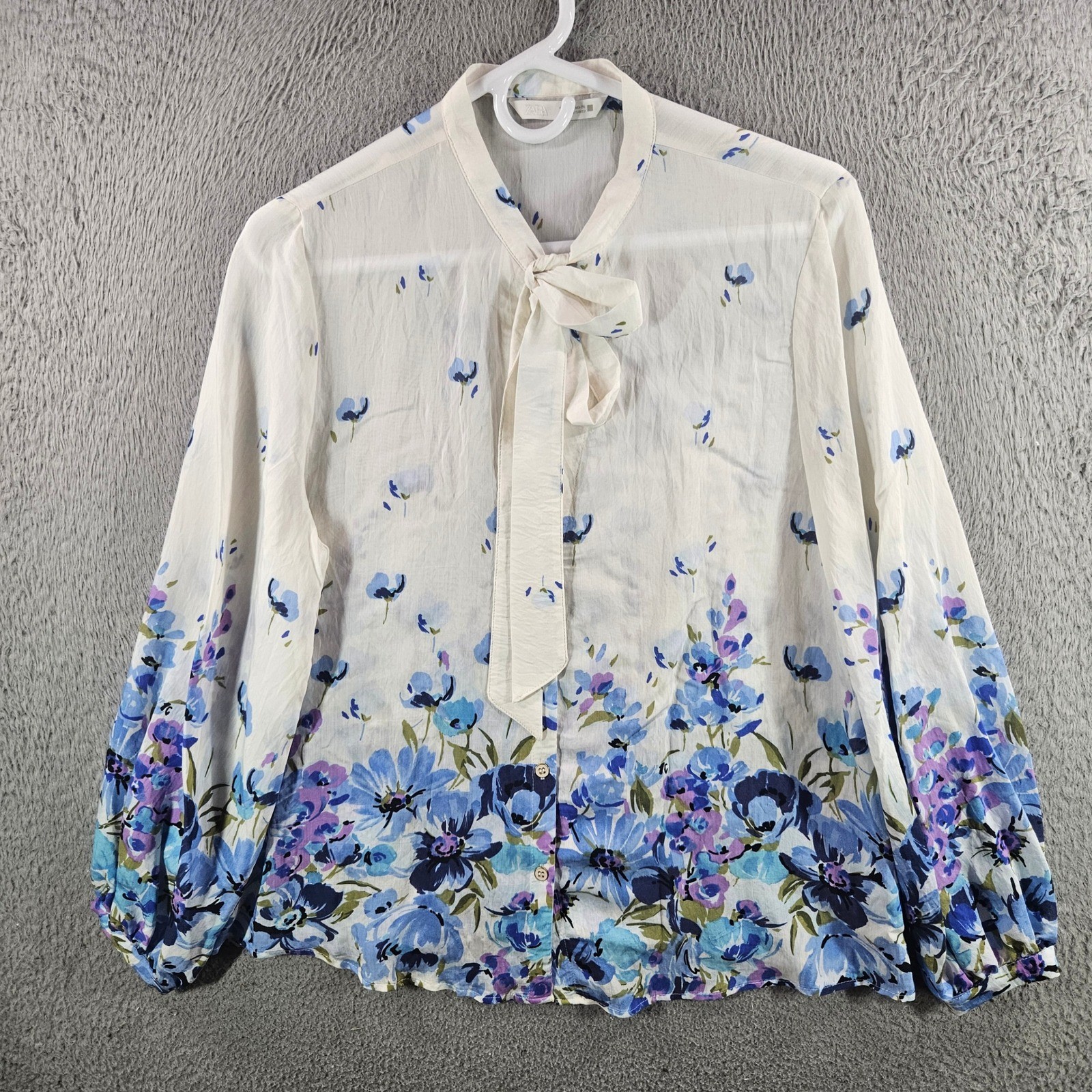Zara Women Blue Purple Floral Tie Neck Blouse Bishop Sleeve Top Small