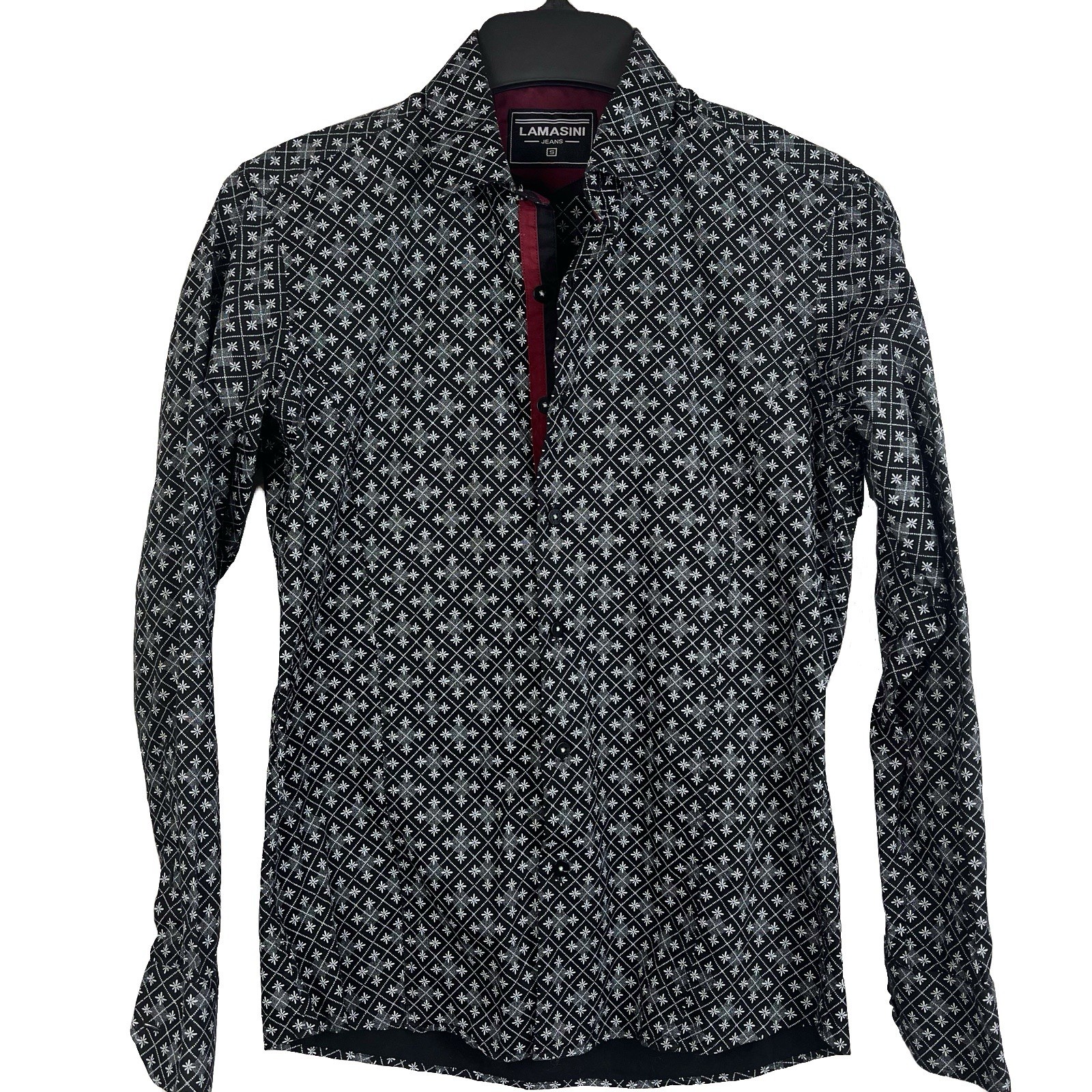 Lamasini Jeans 100% Cotton Black Button Up Top White Diamond Pattern Size Small