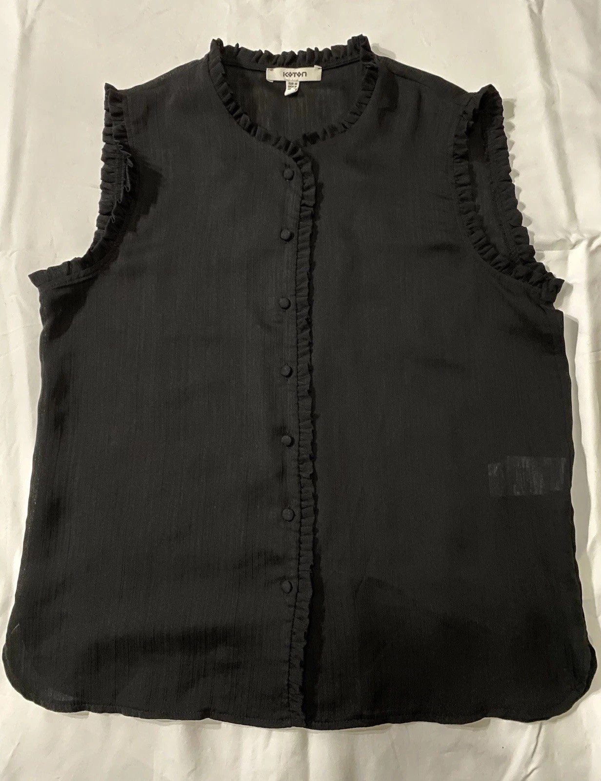 Koton Size M EUR 40 Sleeveless Semi Sheer Button Up Ruffle Trim Top Black