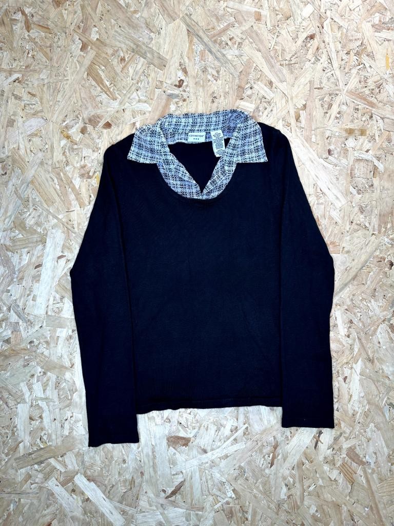Covington 2-in-1 Sweater Layered Look Knit Top Small Black Houndstooth Collar