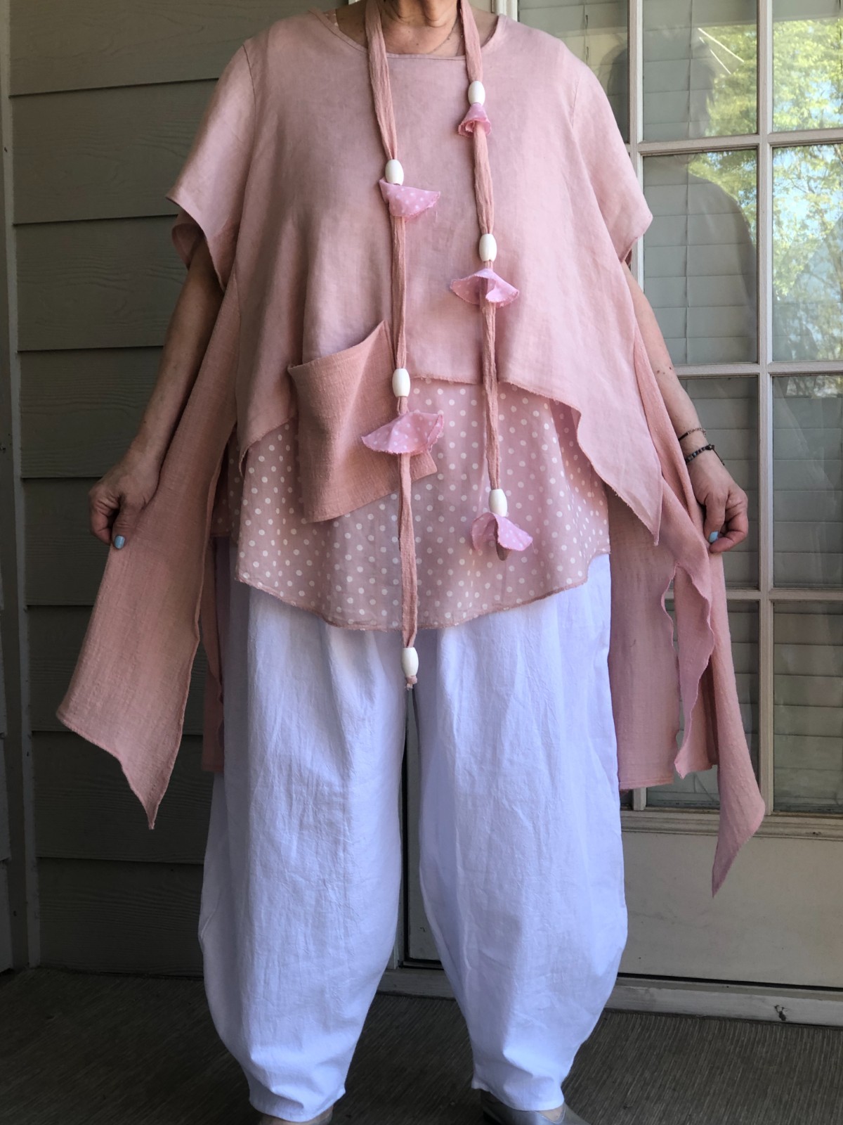 LAGENLOOK BOHO ARTSY 2 PIECES SET OF PINK ASYMMETRICAL TUNICS WITH NECKLACE