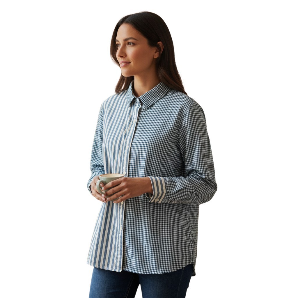 Draper’s & Damon’s Shirt Womens L Blue Gingham Stripe Colorblock Button Up