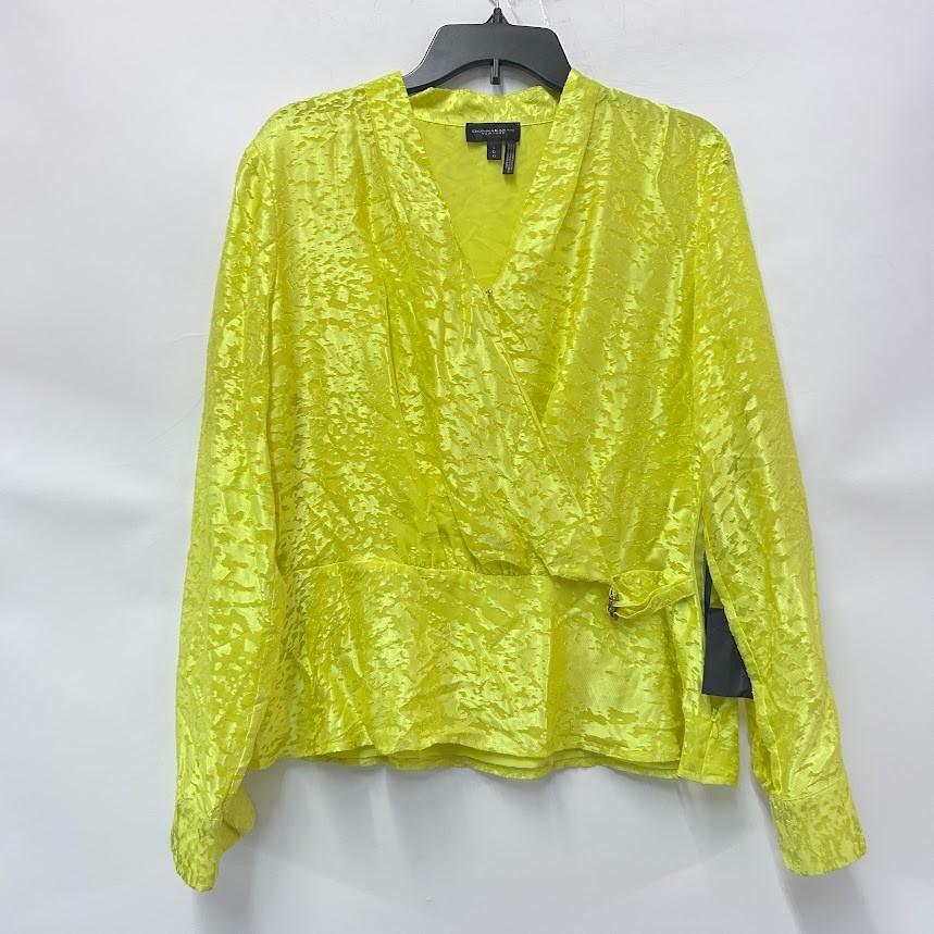Donna Karan Womens L Long Poison Yellow Faux Wrap V Neck Blouse Top NWT O80