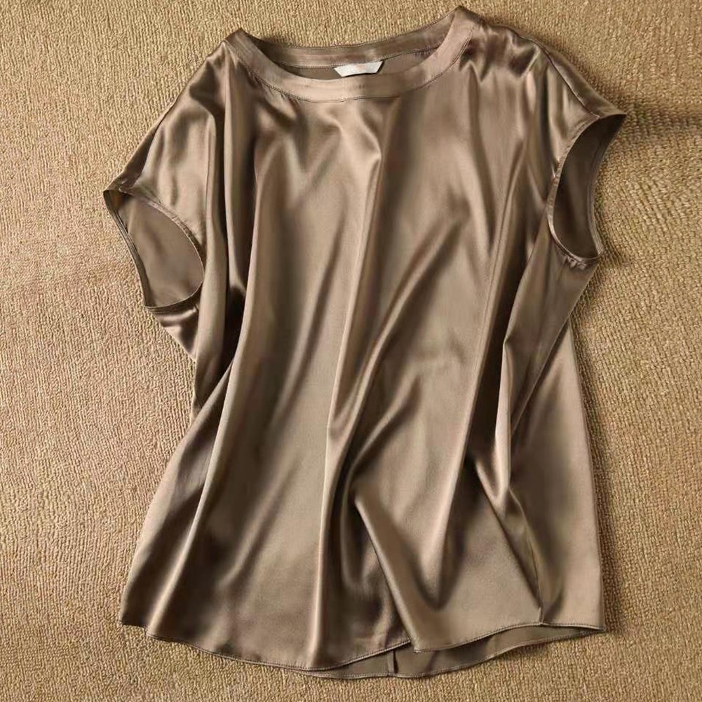 Soft and Shiny Women Office Lady Tops Satin Short Sleeve Blouse Shirts