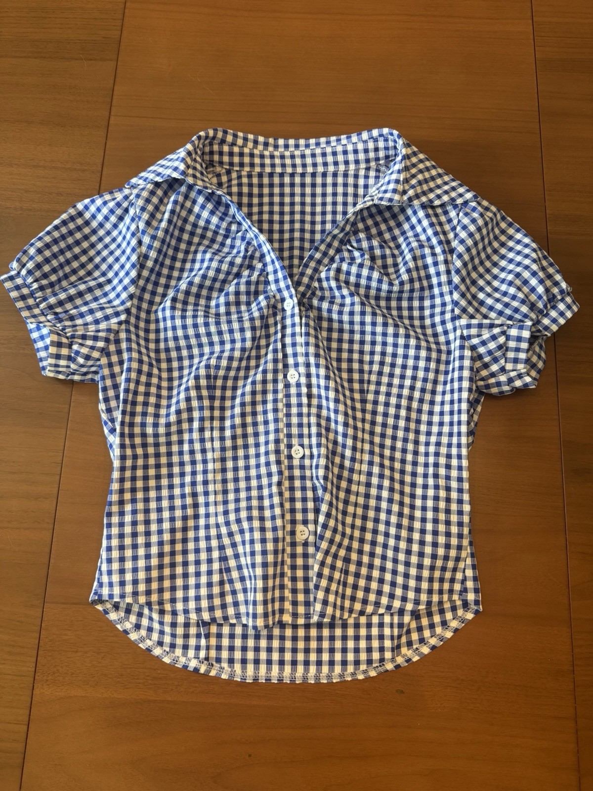 Women’s Blue/White Gingham Woven Cotton Button-Up Collared Blouse, Size S