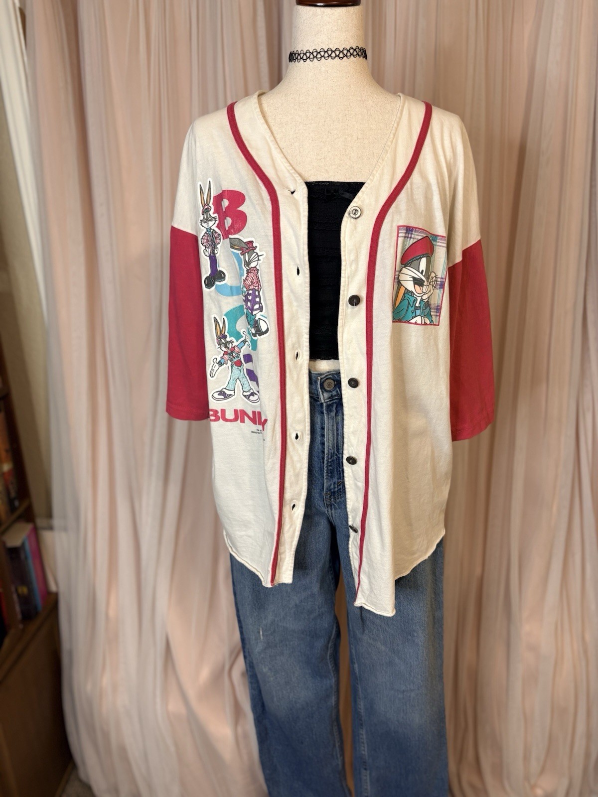 Sun Sportswear Vintage Bugs Bunny Graphic Print Baseball Button Front Top XL