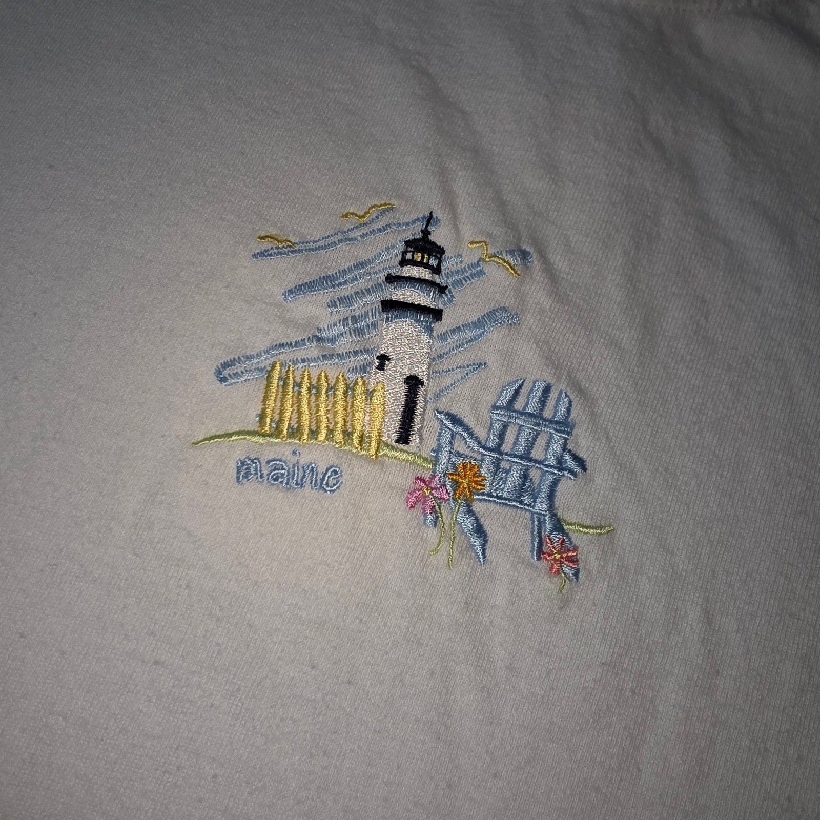 Anvil Maine Lighthouse Embroidered White T-Shirt XL Coastal Nautical Tee