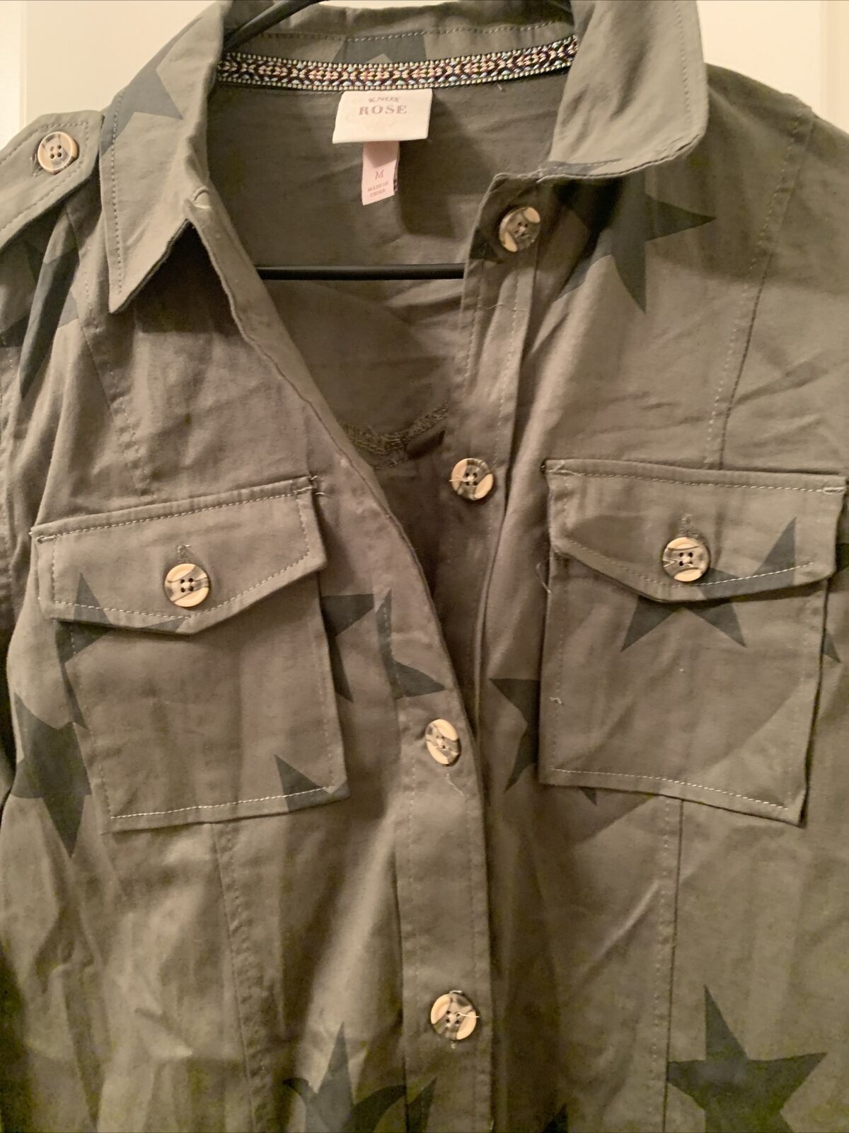 Knox Rose Utility Button Up Shirt Jacket Shacket Olive Green Stars Women’s M,XL