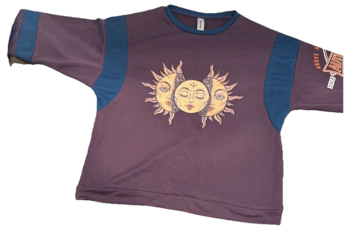 Purple Blue Celestial Sun & Moon New Age Chicyea T-shirt Women’s Sz L Hippie