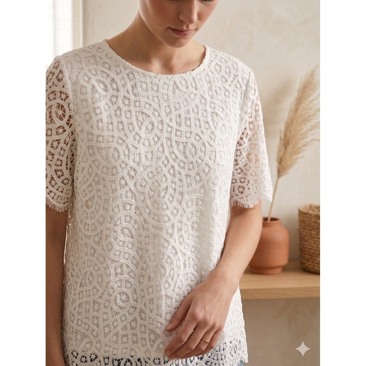 Philosophy Womens White Lace Lined Short Sleeve Feminine Blouse Top Large