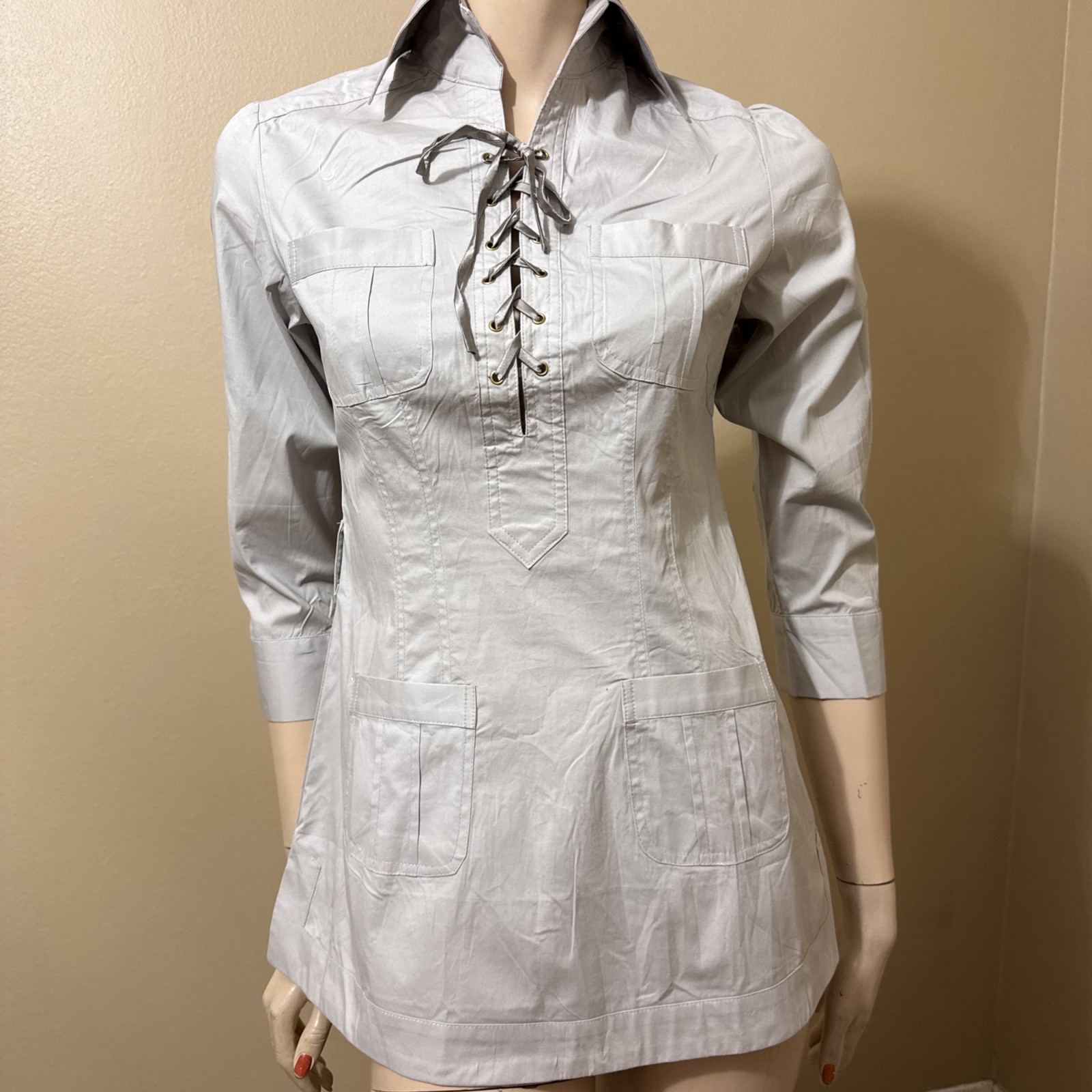 Women’s Grey Cotton Casual Stretch Slim Pockets Lacing Size S Blouse Tunic