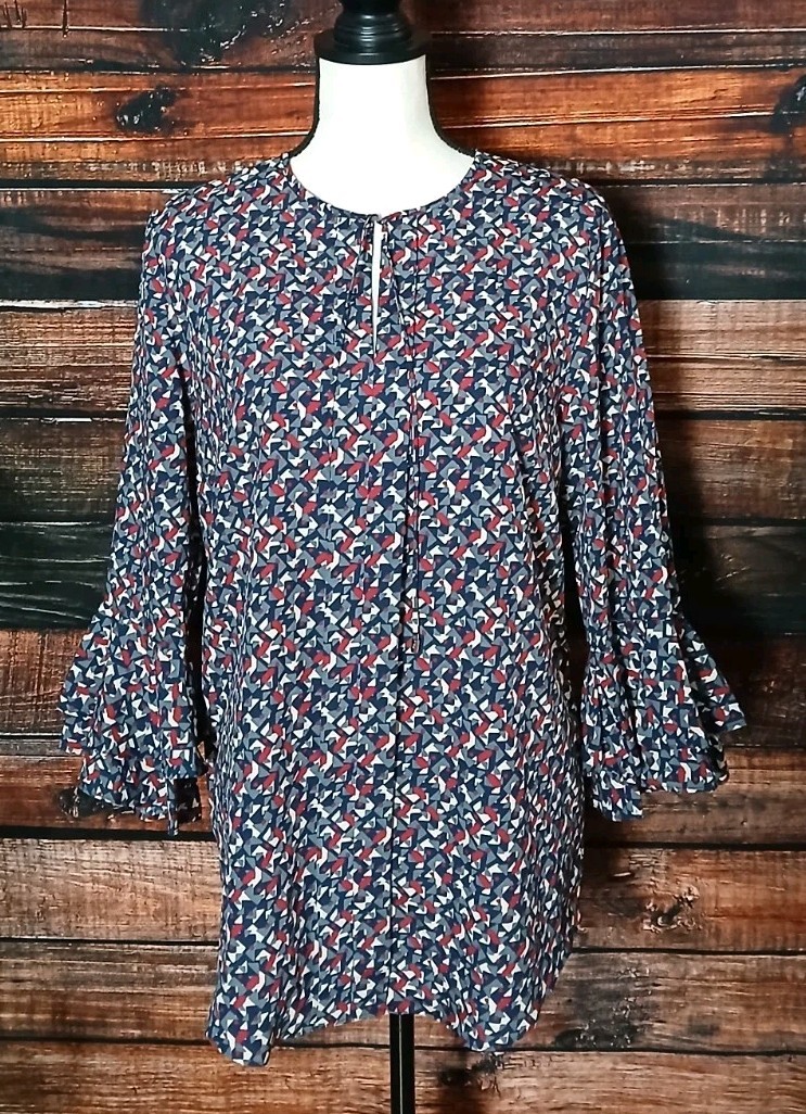 Lauren Ralph Lauren Top Blouse Size M Bell Cuff Tie Front Tunic Geometric