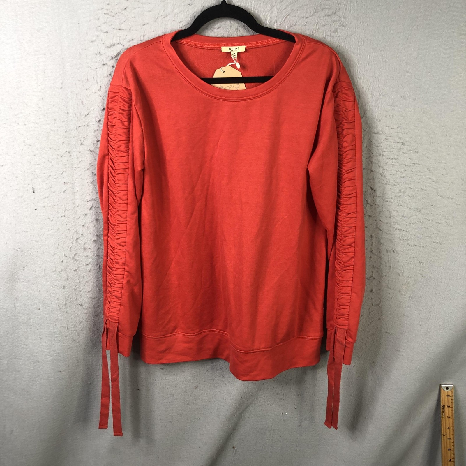 Kori America Top Womens M Orange Ruched Sleeve Knit Crew Neck Pullover