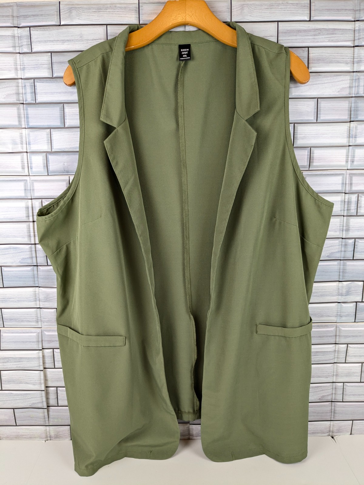 Shein Curve Open Front Vest Womens 4XL Green Notched Lapel Faux Pockets Stretch