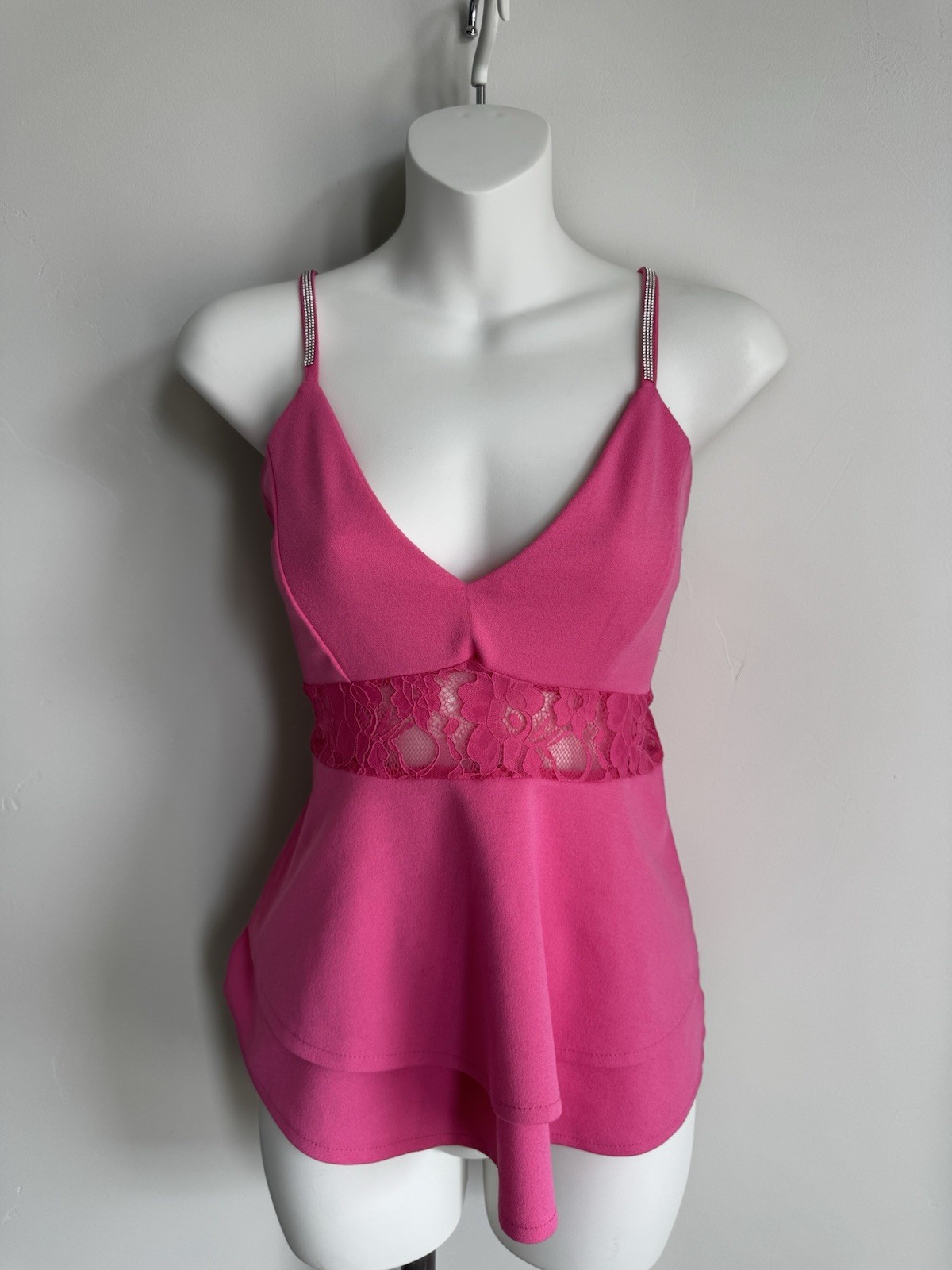 Vintage Rue21 Hot Pink Lace-Waist Rhinestone Strap Cami Top Size L Y2K 2000s