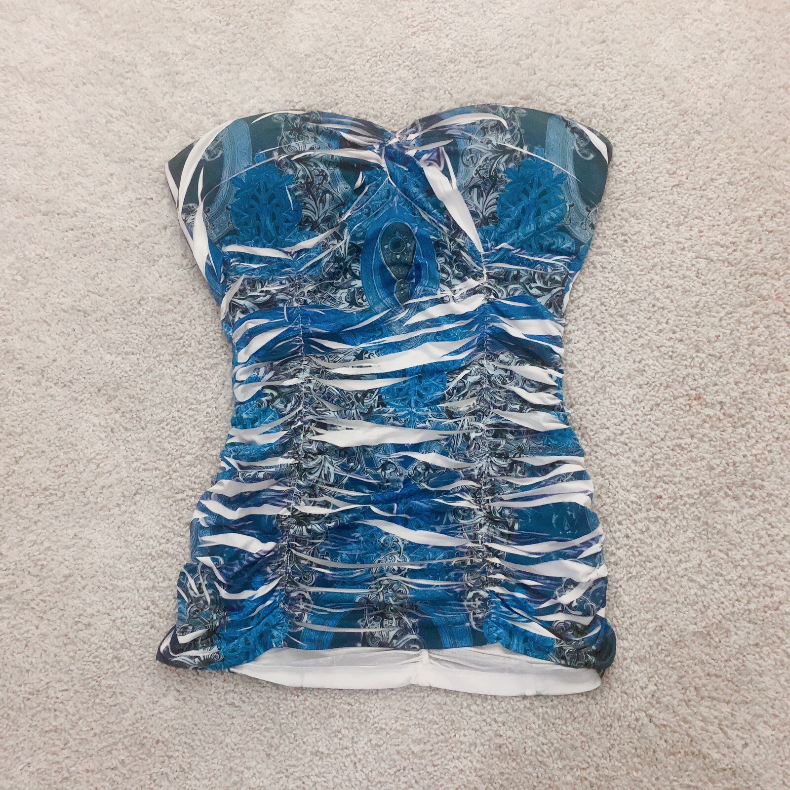 Blue Black Black Paisley Tattoo Tube Strapless Ruch Shirt Top M Medium