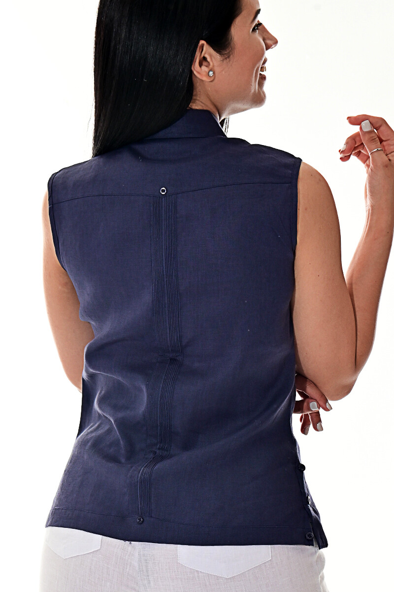 Azucar Ladies Navy 100% Linen Guayabera Traditional (4) Pocket Blouse – LLGB3006