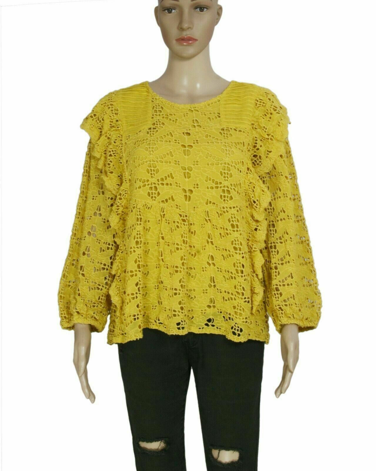 Anthropologie Clementine Blouse Eyelet Ruffle Pullover Puffed Sleeve Top XS US 2