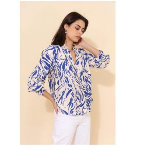 Parisian Blue Cream Abstract V-Neck Puff Sleeve Blouse Cotton M NWT J&H Paris