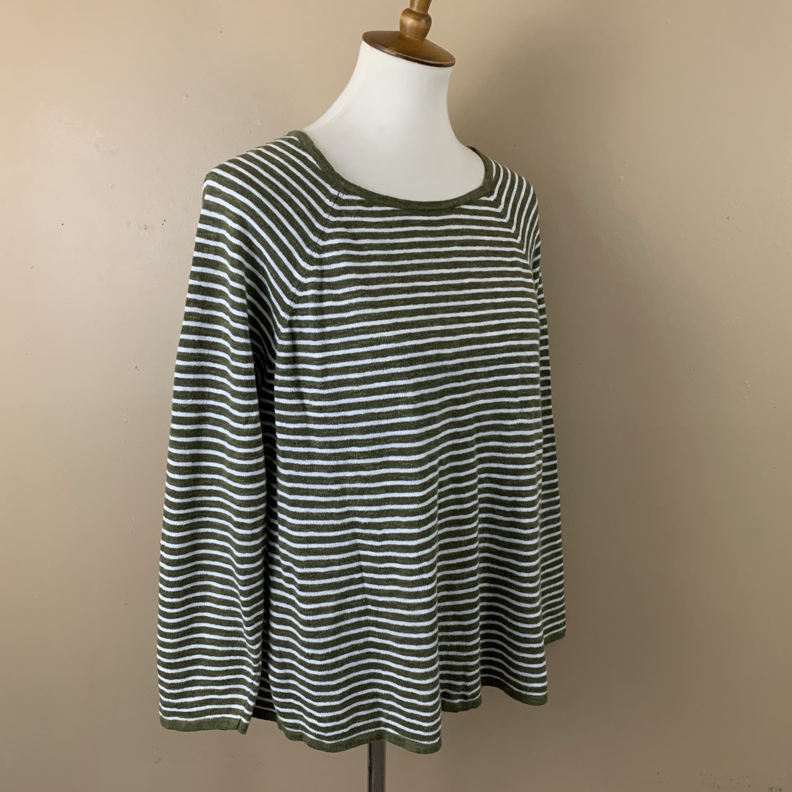 Eileen Fisher Top Womens XL Green Stripe Organic Linen Cotton Casual Long Sleeve
