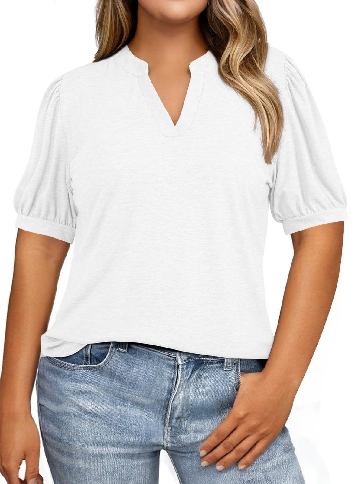 Womens Plus Size Tunic Tops V Neck Puff Short Sleeve Summer Casual Loose Basi…