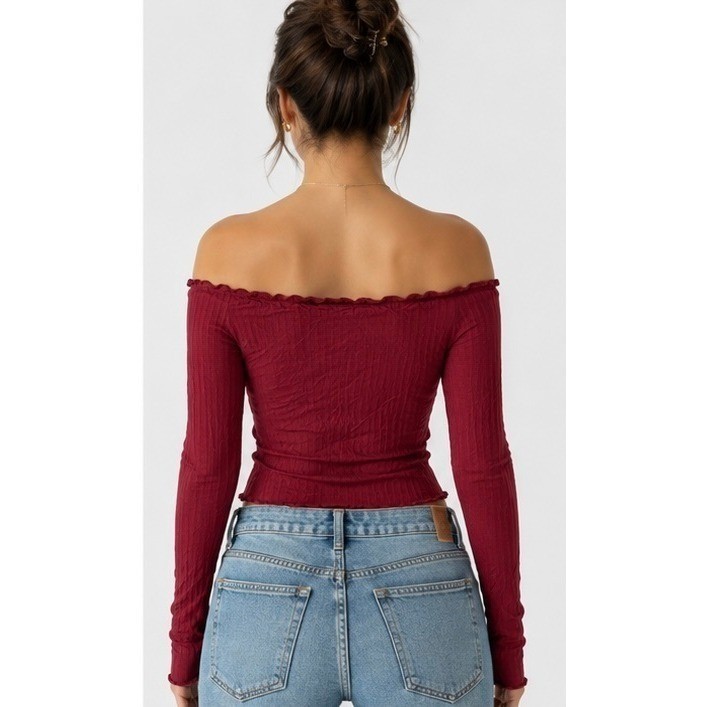 Women’s Burgundy Off Shoulder Long Sleeve Ruched Crop Top Ruffle Hem Size L