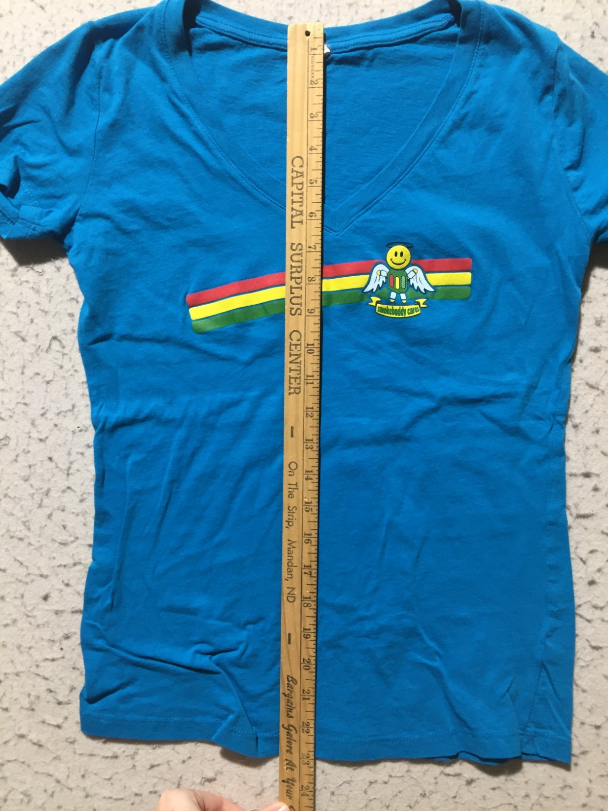 Smoke Buddy T Shirt Womens M Medium Blue Graphic Print Smiley Guy V Neck Short