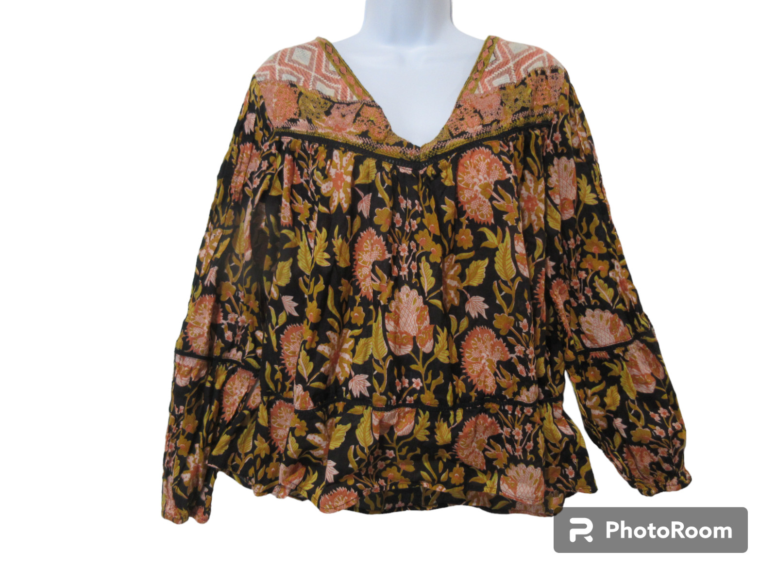 Sz L Rachel Zoe Floral Embroidered BOHO PEASANT Blouse Black Pink Gold L/S Top