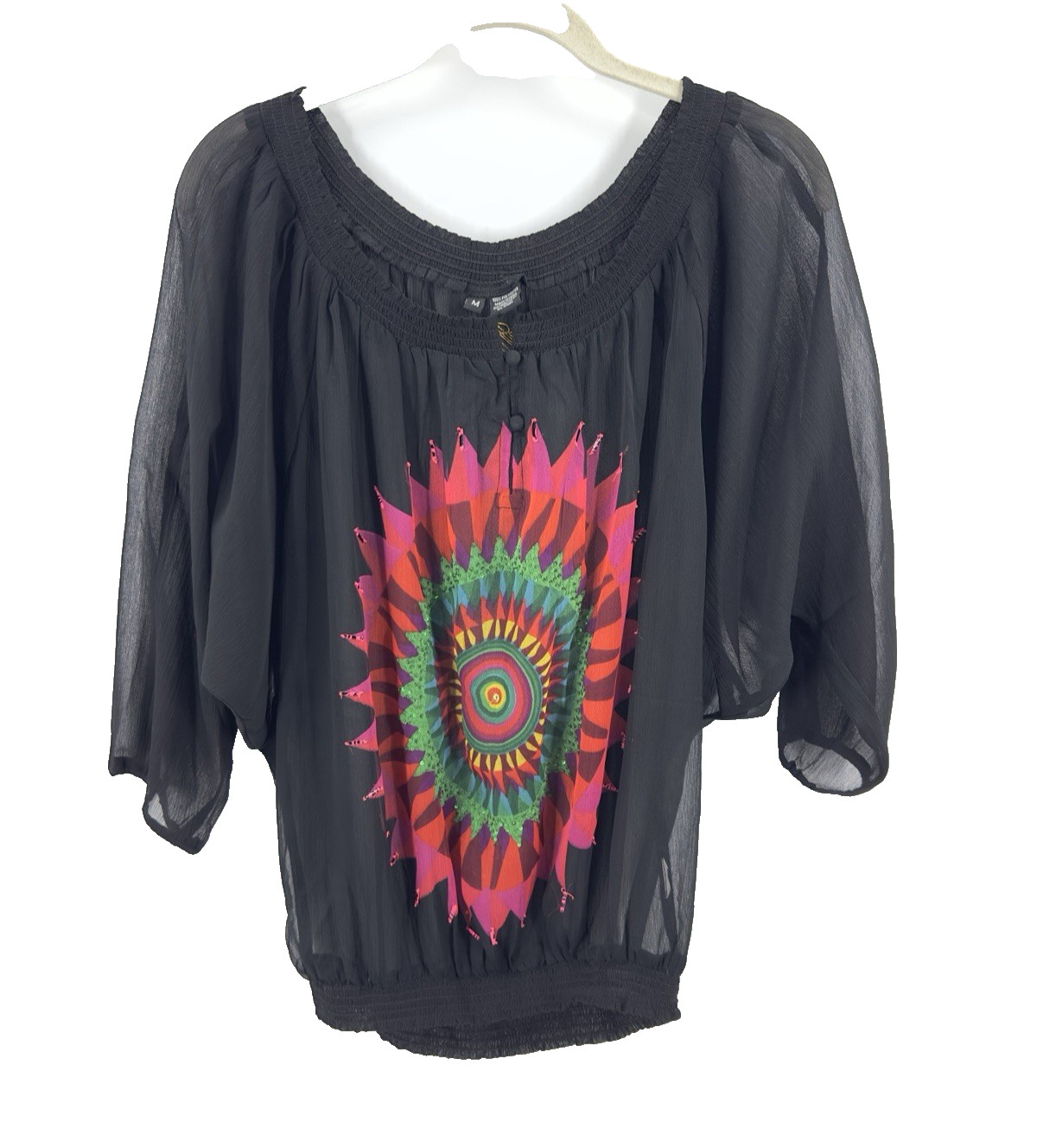 Desigual Blouse Top Womens Medium Artsy Lightweight Boho Colorful Festival Sheer