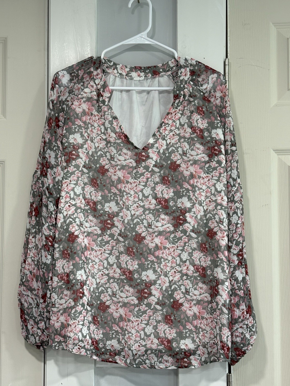 Women Floral Blouse Long Sleeve Gray pinl Red V Neck Boho Peasent Top